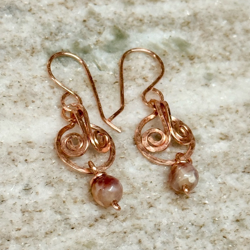 Celtic-Domed Spiral Polished Copper Earrings with Fire Agate Stone Drops